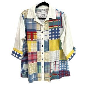 Parsley & Sage NWT Womens Artsy Patchwork Plaid Button Down 3/4 Sleeve Shirt Med